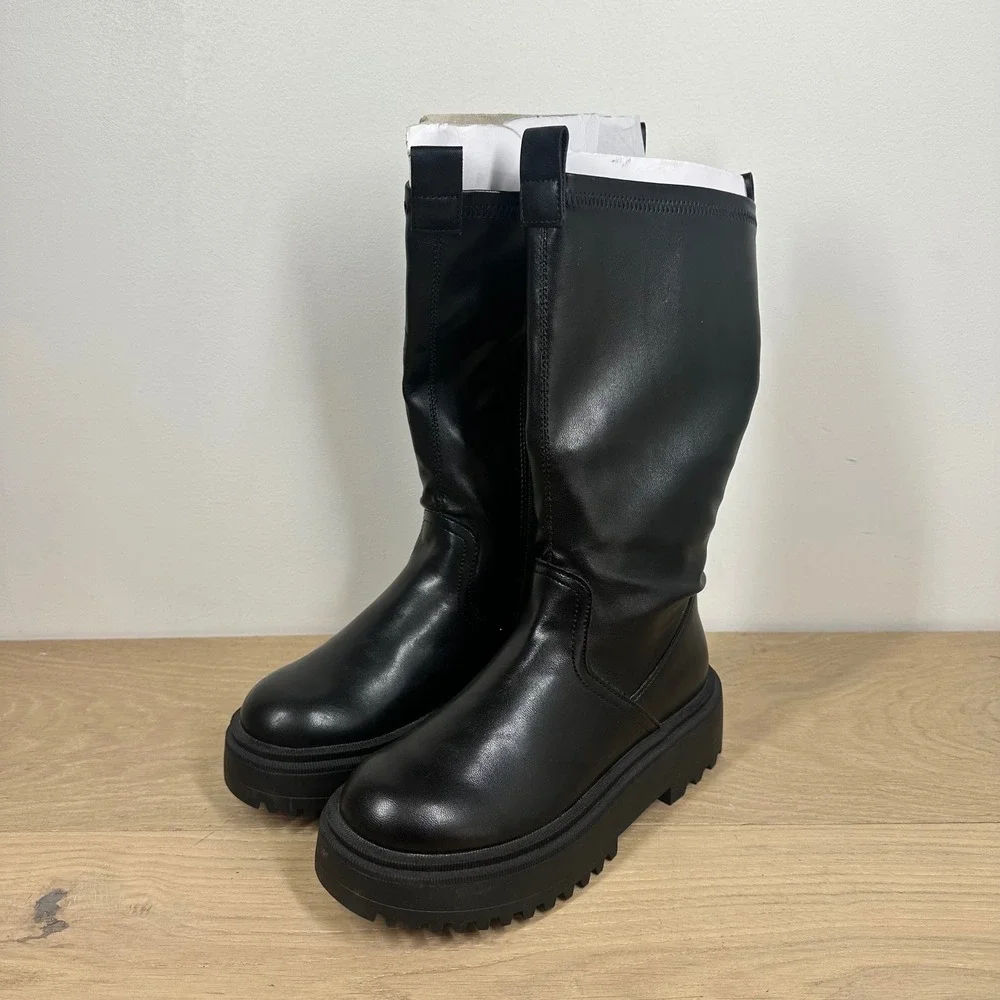 NWT Zara Boots Kids 2 Black Mid Calf Chunky Platform Lug Sole Moto Combat